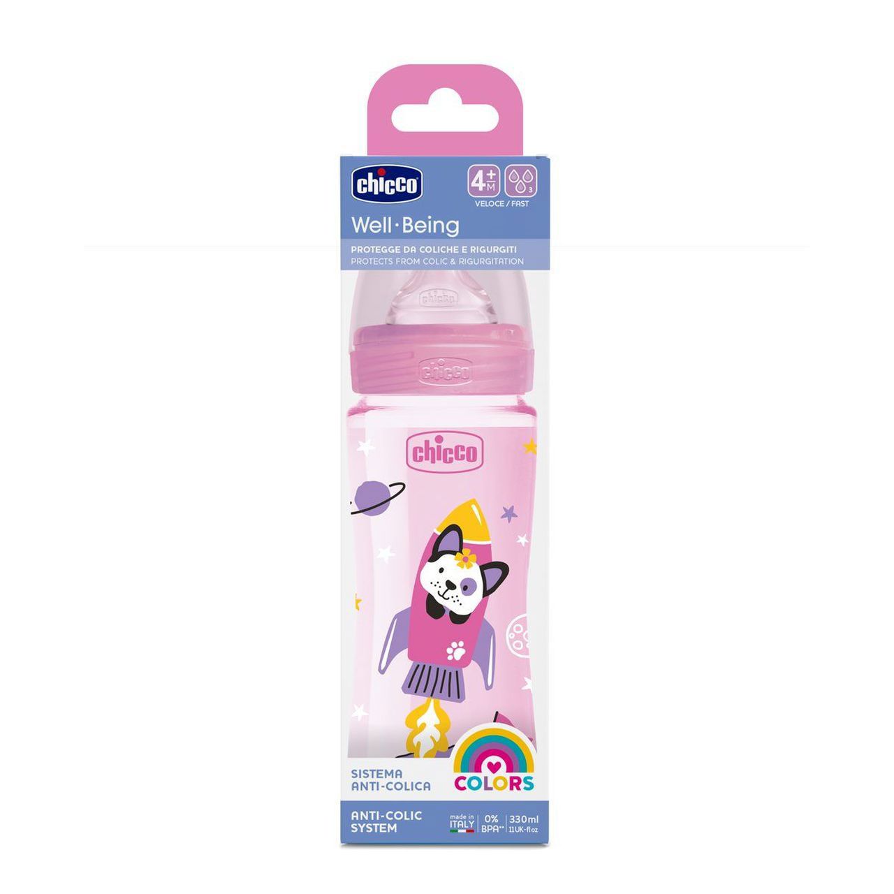 Chicco Well plastic bottle with fast flow silicone Pink