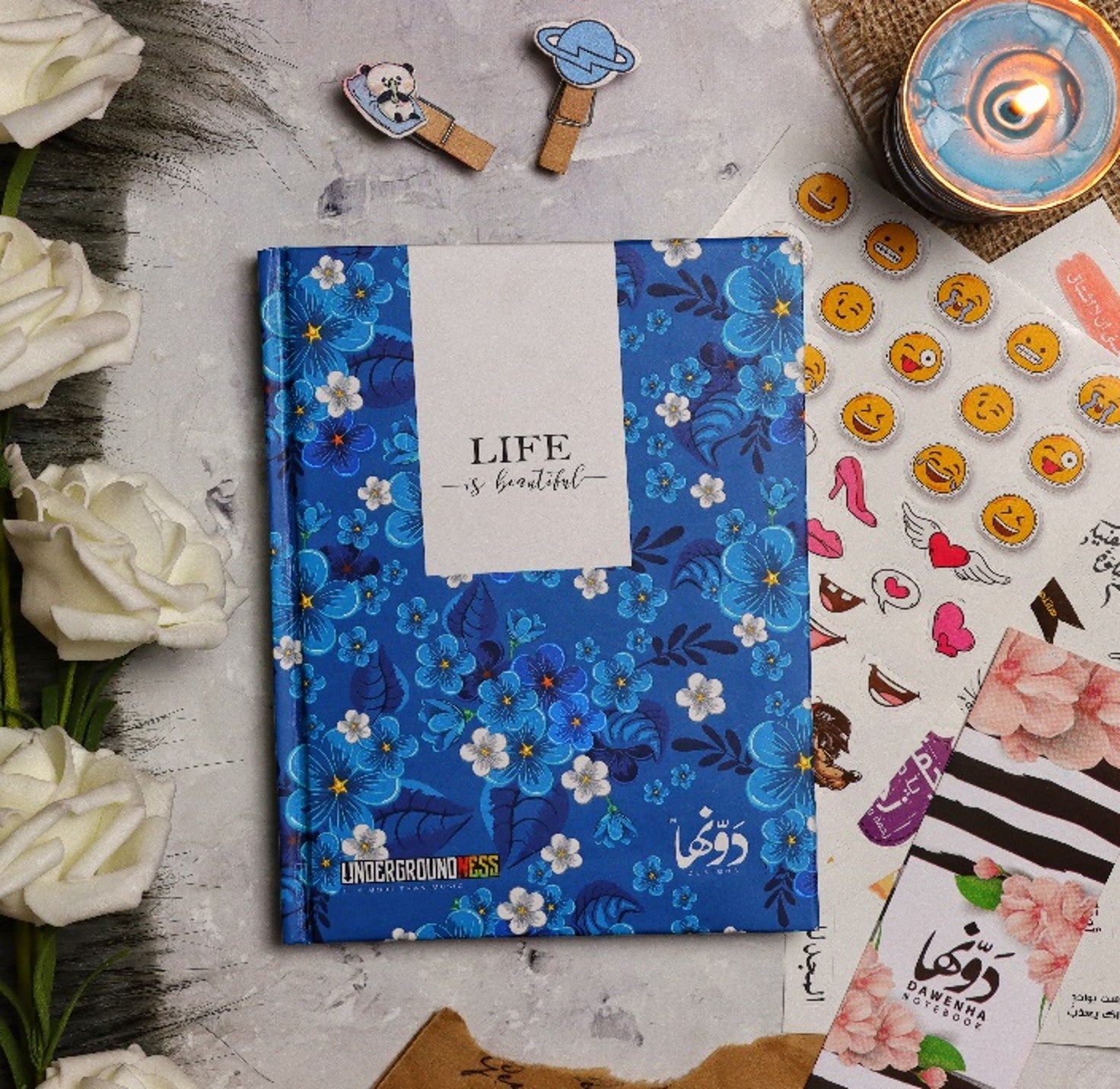Notebook Blue Flowers Hard Cover Paper Bookmark