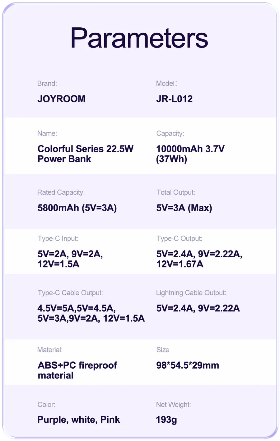Joyrom JR-L012 Power Bank with Dual Cables 20000mA Purple