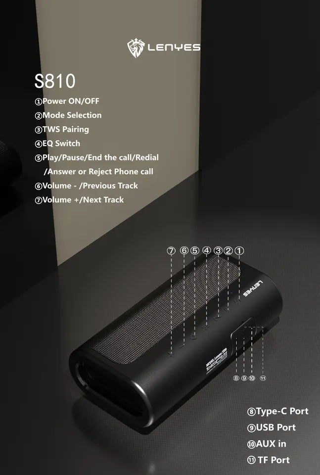 LENYES S810 Subwoofer Bass Wireless Speaker Black