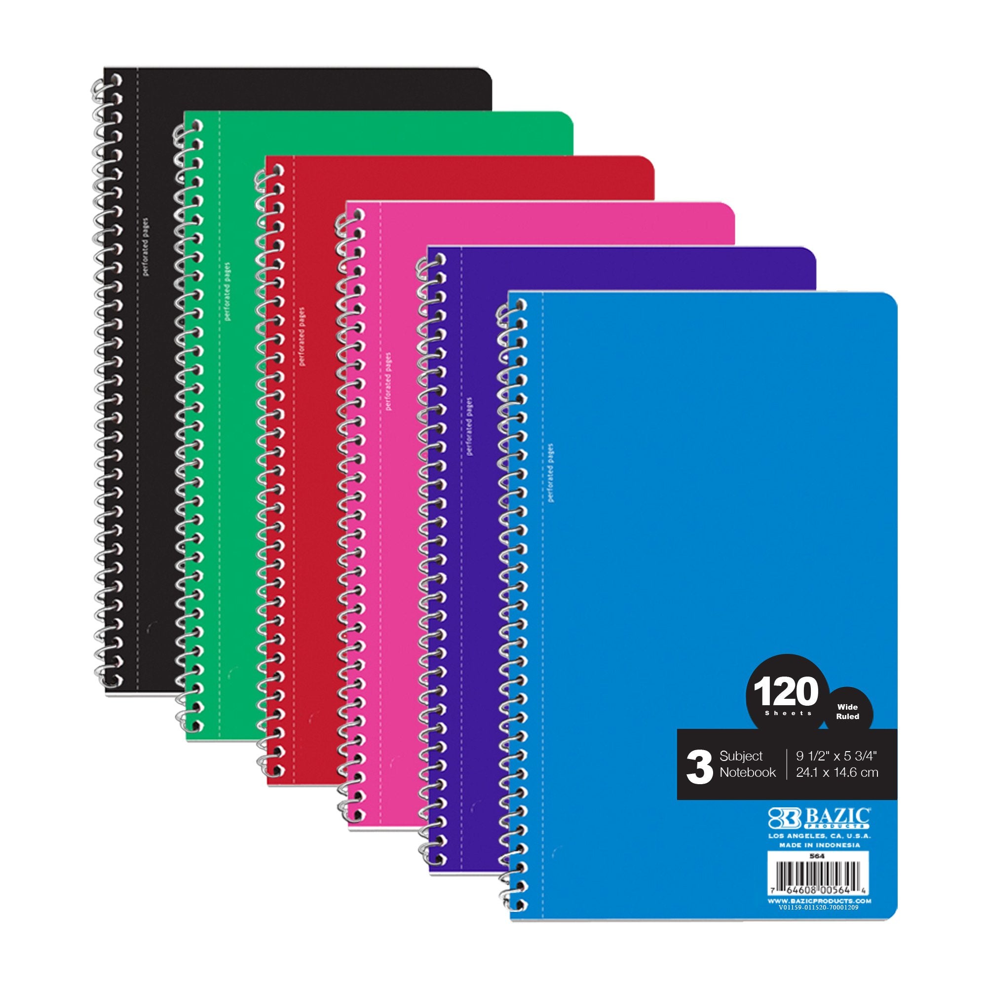 Bazic W/R 120 Ct 3-Subject Spiral Notebook, Assorted