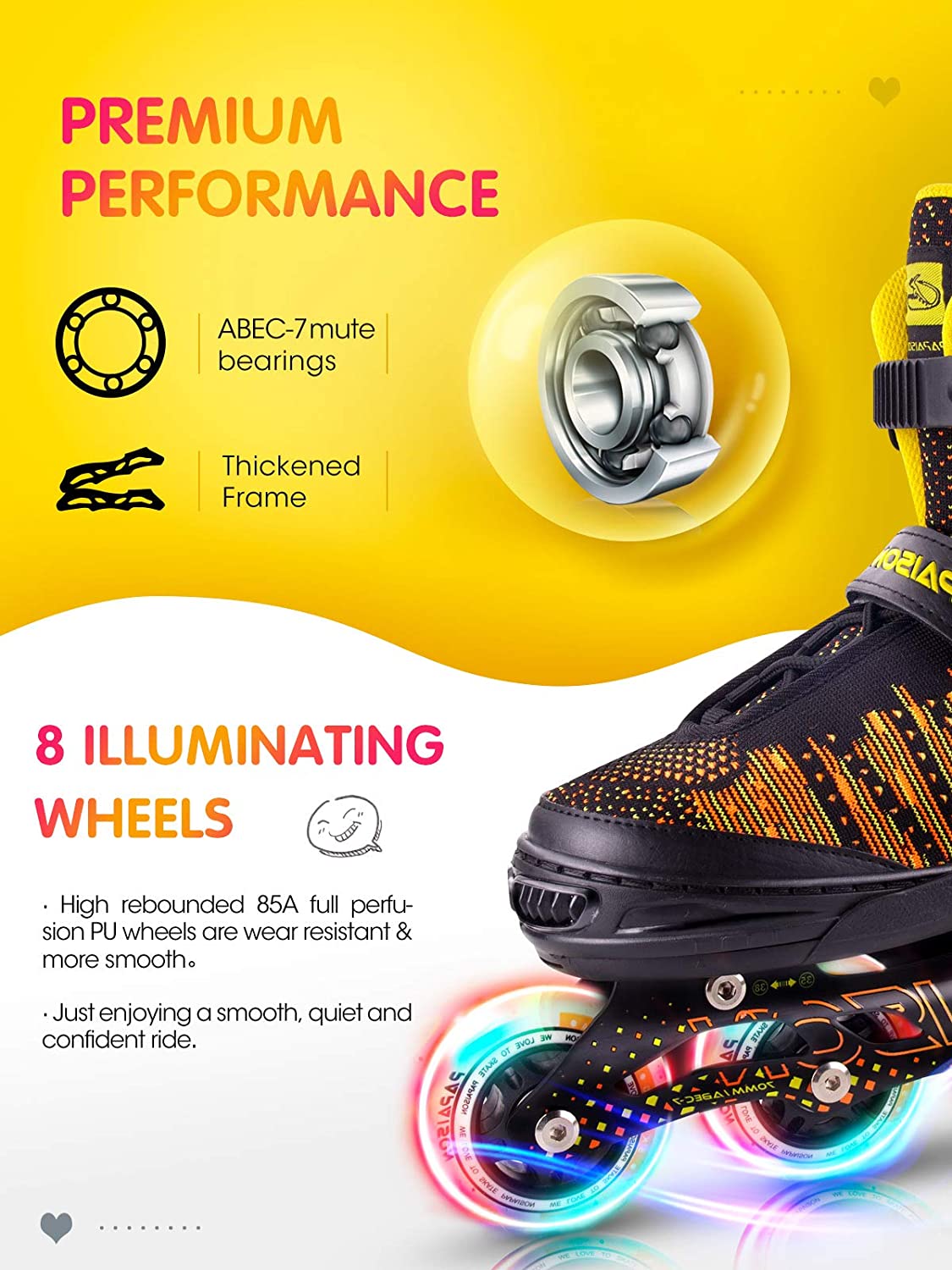 Papaison Roller Skate 8 Wheels Light Up Flyknitting - Black S