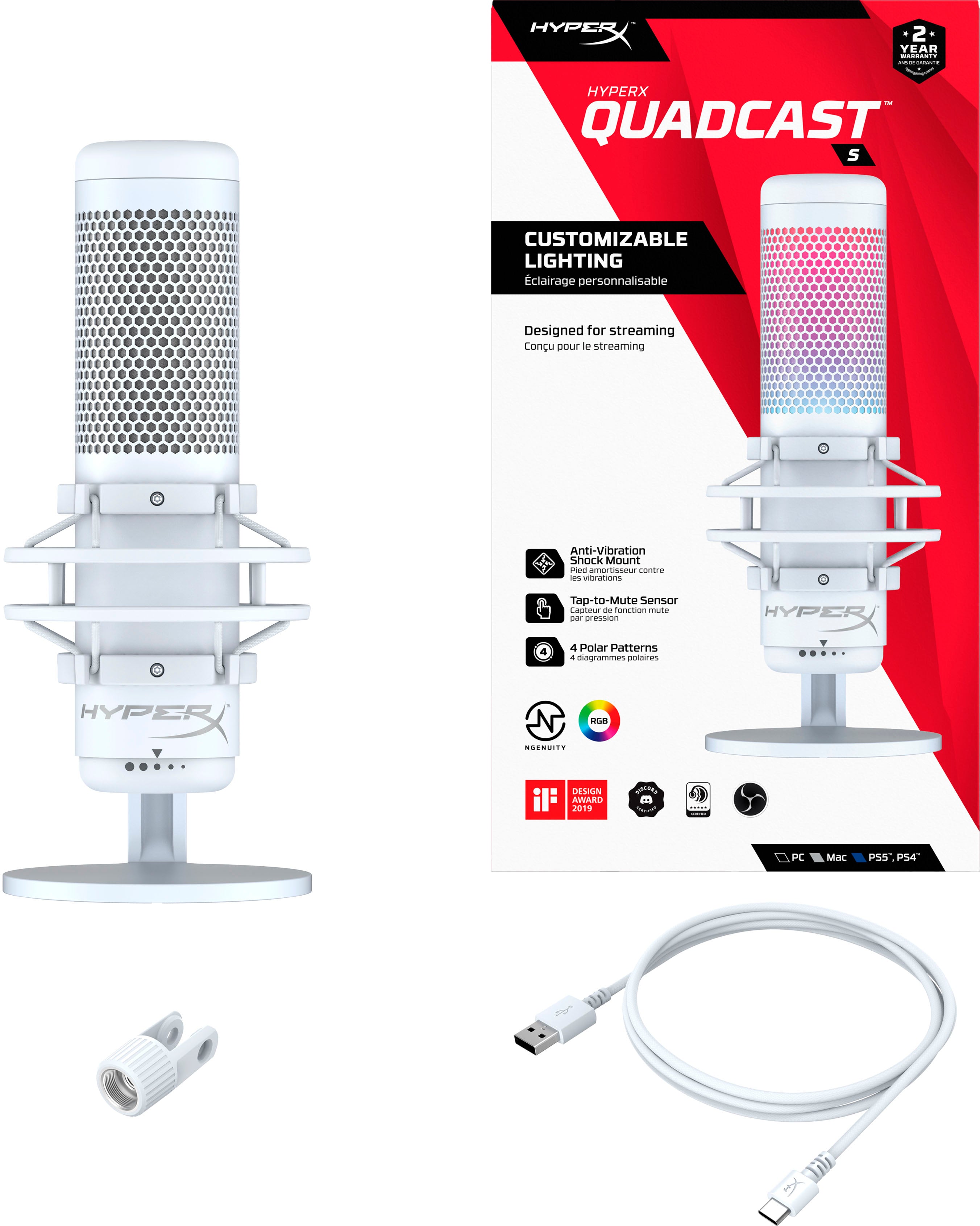 HyperX QuadCast S USB Microphone-White/Grey — DNA