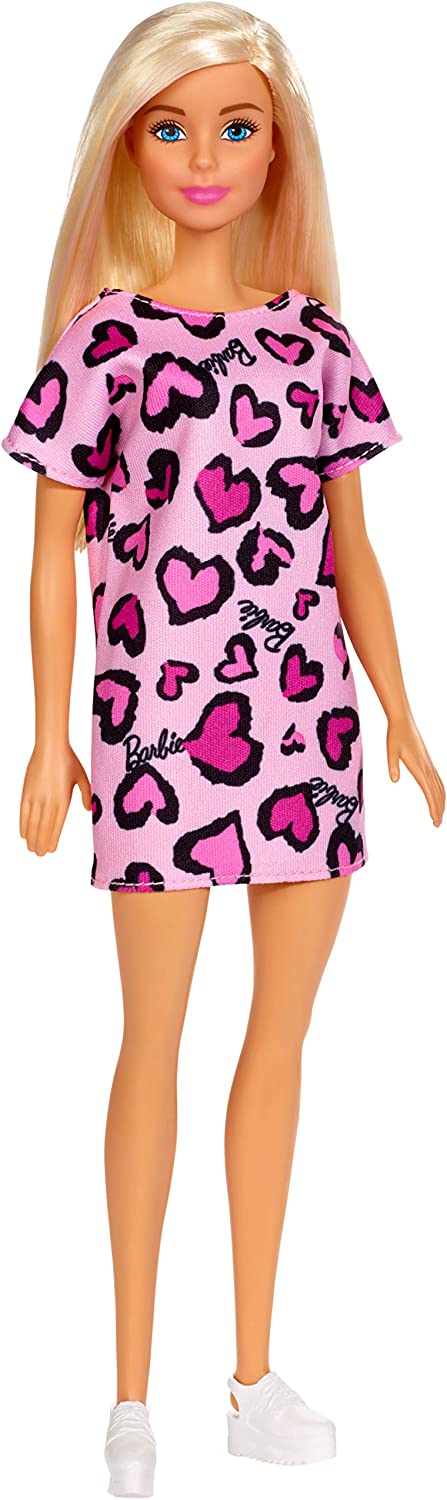 Barbie Doll Blonde Wearing Heart-Print Dress And Shoe Pink