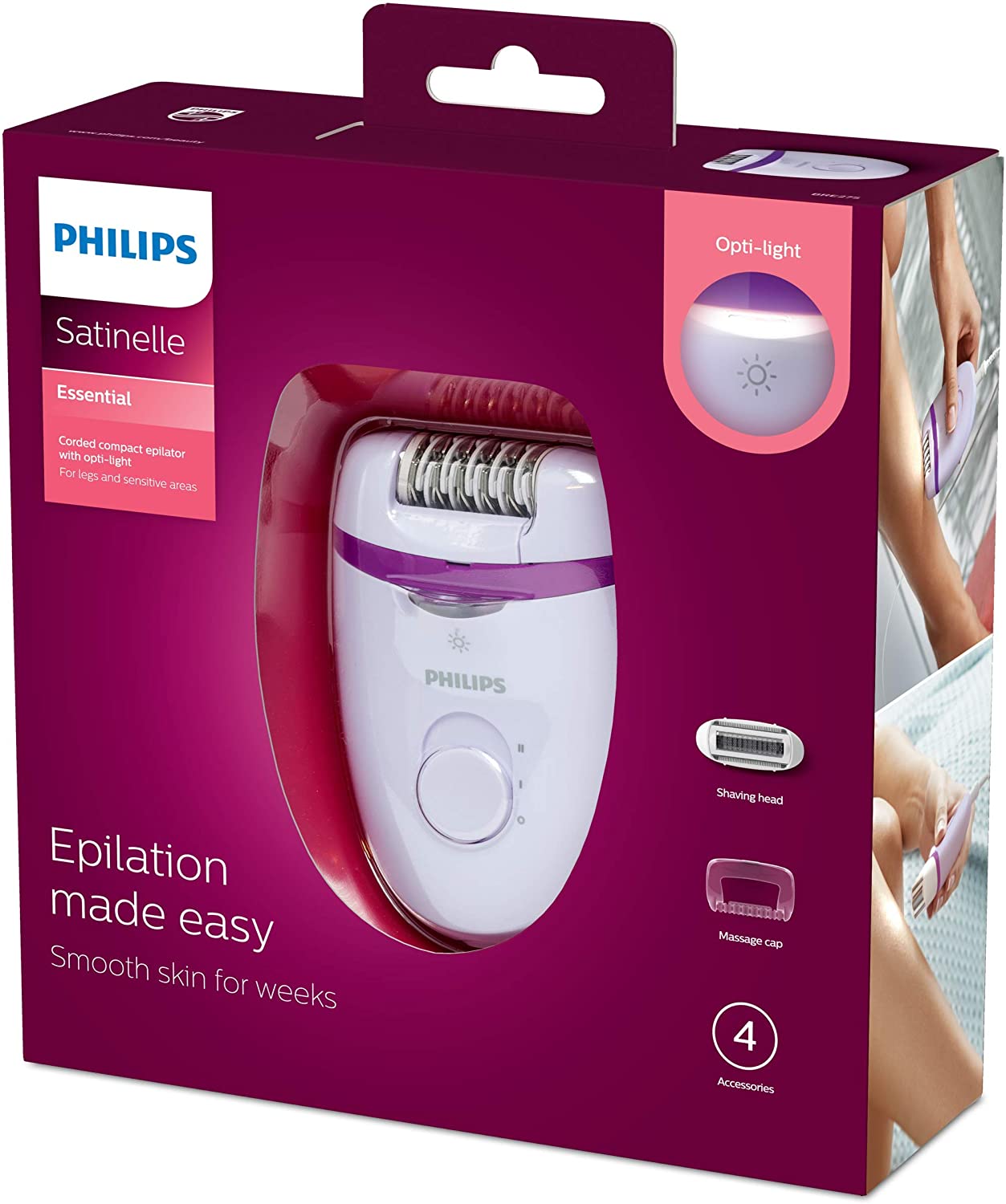 Philips Satinelle Essential Corded Compact Epilator, Pink